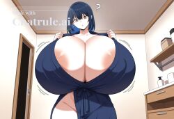 1girl ai_assisted ai_generated black_hair blue_eyes blue_hair blue_robe breasts_spilling_out clothes_too_small colored_inner_hair curvaceous_body enormous_breasts enormous_hips enormous_thighs hair_between_eyes head_tilt home indoors intimate legs looking_down massive_breasts medium_hair oversized_breasts perfect_body scenery slut succubus three_quarter_view tiny_waist uncensored voluptuous_body whore yellow_eyes