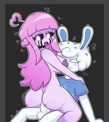 1girl1boy aiko_(spooktwins) anthro big_ass big_breasts big_butt big_penis black_sclera bunny_boy bunny_ear choker ghost_girl hearts_around_head hi_res highres long_hair looking_back naked_female original_character pink_body pink_hair riding riding_penis shirt_only short_hair simple_background spooktwins text white_body white_hair