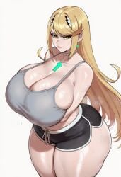 1girls ai_generated annoyed_expression arms_crossed_under_breasts big_breasts blonde_hair booty_shorts cleavage core_crystal core_crystal_(xenoblade) curvaceous curvy_female earrings female female_only gold_eyes gym_shorts hourglass_figure huge_ass large_breasts light-skinned_female light_skin long_hair looking_at_viewer monolith_soft mythra mythra_(xenoblade) nintendo pawg short_shorts simple_background standing sweating thick thick_thighs voluptuous voluptuous_female white_background wide_hips xenoblade_(series) xenoblade_chronicles_2