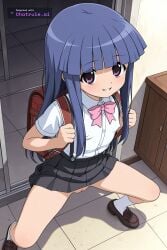 1girl ai_assisted ai_generated anime_coloring backpack bag black_skirt blue_hair bowtie cleft_of_venus detailed_vagina dynamic_angle dynamic_pose erect_nipples facing_viewer female_focus full_body furude_rika glossy_lips higurashi_no_naku_koro_ni holding_strap legs_spread looking_at_viewer nude pink_bow purple_eyes rika school_uniform shading shadows shaved_vagina short_sleeves small_breasts smile solo solo_female spreading_legs standing suspender_skirt suspenders thick_nipples tiny_breasts white_shirt