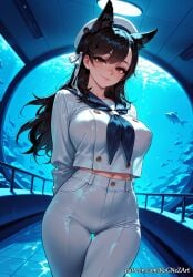 1girl 2026 ai_generated animal_ears anime aquarium arms_behind_back atago_(azur_lane) azur_lane bangs black_hair blue_sailor_collar blush boobs breasts brown_eyes cat_ears cleavage closed_mouth covered_nipples cowboy_shot crop_top crossover extra_ears eye_contact female female_focus fish flushed hair_ribbon hat high-waist_pants highres huge_breasts indoors inside large_breasts long_hair long_sleeves looking_at_viewer midriff mole mole_under_eye navel neckerchief neutral_expression nsfw pants patreon ribbon rognezart sailor_collar sailor_hat shirt smile smiling solo swept_bangs thigh_gap underwater very_long_hair water white_pants white_ribbon white_shirt