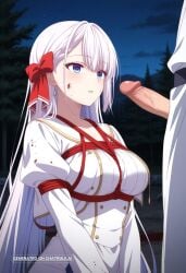 1girl absurdly_long_hair ai_assisted ai_generated anime_coloring anime_screencap blood_splatter blue_eyes campsite close_up detailed_background firelight flaccid_penis frowning hair_bow high_quality juliet_sleeves kneeling long_hair long_sidelocks long_sleeves looking_at_penis night outside parted_lips upper_body white_dress white_hair white_robe