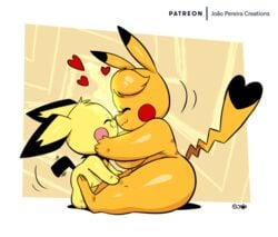 breasts cosplay_pikachu cute duo female feral fur furry furry_only heart joaoppereiraus kanna_(joaoppereiraus) larger_female leroy_(joaoppereiraus) love male naked nintendo nose_rub nuzzles pichu pikachu pokémon_(species) pokemon sitting size_difference smaller_male smile straight tagme tail wholesome