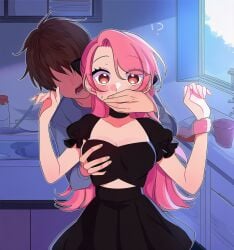 ai_generated breast_grab groping groping_breasts hand_over_another's_mouth hand_over_mouth honobread surprised