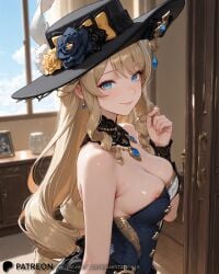 1girl ai_generated bangs bare_shoulders black_dress black_headwear blonde_hair blue_eyes blush breasts cleavage closed_mouth day detached_collar dress drill_hair earrings flower from_side genshin_impact hair_twirling hand_up hat hat_bow hat_feather hat_flower houseofsinners indoors jewelry large_breasts long_hair looking_at_viewer medium_breasts navia_(genshin_impact) necklace nipple_slip nipples picture_frame rose sidelocks smile solo strapless strapless_dress upper_body window