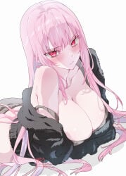 1girls big_breasts blush bra_strap_slip breasts cleavage female fur_coat hololive hololive_english kamiya_maneki large_breasts lying_on_stomach mori_calliope pink_hair red_eyes solo virtual_youtuber vtuber