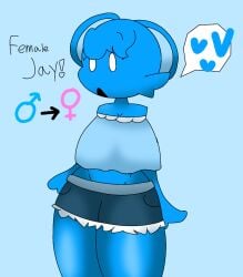 big_breasts blue_fur dress female genderswap genderswap_(mtf) hair heart jay_(sprunki) male/female oc open_mouth original_character simple_background simple_eyes sprunki sprunki_oc text