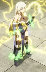 1girls blue_eyes breasts clothing copyright_request elf elf_ears elf_female hips large_breasts pointed_ears screencap stitched thighhighs thighs white_hair