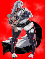 1boy 1furry 1girls anthro anthro_on_human big_balls big_breasts big_penis bite_mark bite_mark_on_arm bite_mark_on_breast bite_mark_on_chest bite_mark_on_leg bite_mark_on_nipple bite_mark_on_thigh bite_marks black_kiss_mark black_kiss_mark_on_penis black_legwear black_thighhighs breasts breasts_bigger_than_head cameltoe censored censored_penis clothed clothed_female clothed_female_nude_male collar eyes_closed furry furry_female grey_hair helluva_boss huge_balls huge_breasts huge_cock huge_penis kanacorp kiss_mark kiss_mark_on_ass kiss_mark_on_balls kiss_mark_on_butt kiss_marks larger_female legwear loona_(helluva_boss) nipples red_background scratch_mark scratch_marks scratches scratching short_shorts shorts smaller_male smegma spiked_collar standing tail thick_thighs thighhighs vivienne_medrano wolf_girl wolf_humanoid wolf_tail