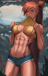 1girl abs against_tree ai_generated alternate_muscle_size asymmetrical_hair bare_arms bare_shoulders bikini bikini_under_clothes blue_eyes blue_shorts blush bra breasts busty clothes_in_mouth clothes_lift clothing cutoffs day denim denim_shorts earrings female fluffy_dus hands_up highleg highleg_bikini highleg_panties highleg_swimsuit jewelry kasumi_(pokemon) large_breasts lifted_by_self looking_at_viewer misty_(pokemon) mouth_hold muscle muscular_female navel obliques orange_hair outdoors pantsu pokemon ponytail shirt shirt_in_mouth shirt_lift short_hair short_ponytail short_shorts shorts side_ponytail solo standing stomach suspender_shorts suspenders swimsuit swimsuit_under_clothes tank_top teeth thighs tied_hair toned tree underboob underwear yellow_bikini yellow_bra yellow_panties yellow_shirt yellow_swimsuit yellow_tank_top yellow_underwear