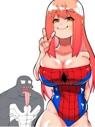 1girls alien big_ass big_breasts dark-skinned_male heroine light-skinned_female light-skinned_male romantic_couple seductive sexy_female spider-man_(cosplay) spider_girl venom_(marvel) villain