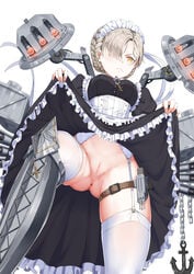 anchor anus apron azur_lane blonde_hair blush braid breasts buhualuo chains closed_eyes cross dress eyebrows_visible_through_hair female female french_braid frilled_apron frills garter_straps gradient gradient_background hair_over_one_eye high_resolution lifted_by_self lingerie long_sleeves maid maid_apron maid_dress maid_headdress nopan shaded_face sheffield_(azur_lane) short_hair simple_background solo thighhighs tied_hair torpedo_tubes turret underwear vagina very_high_resolution white_apron white_background white_legwear