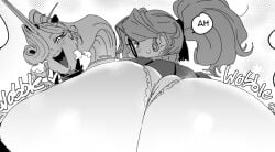 2d 2d_(artwork) ass ass_focus big_ass black_and_grey black_and_white celeste_(deadlock) deadlock_(valorant) glasses huge_ass jiggle jiggling_ass large_ass laughing looking_back manga_style paige_(deadlock) panties ponytail smiling starhump underwear valve wobbling_ass