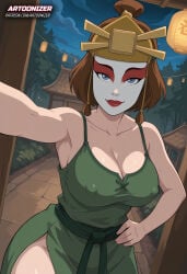 1girls ai_generated artoonizer ass avatar_the_last_airbender belt big_ass big_breasts blue_eyes bob_cut breasts brown_hair dress facepaint female green_dress hand_on_hip headwear kyoshi_warrior light-skinned_female light_skin looking_at_viewer makeup nickelodeon nipples_visible_through_clothing patreon patreon_username plunging_neckline posing red_lips red_lipstick selfie shiny_skin smile solo solo_female solo_focus standing suki the_legend_of_aang thick_hips thick_thighs tied_hair viewed_from_above wide_hips