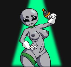 1girls alien alien_girl alien_humanoid alien_only black_sclera breasts choker classic_alien clothed clothing digital_media_(artwork) female genitals grey_body grey_skin hi_res humanoid jewelry navel necklace nipples partially_clothed pixel_art pussy solo vaan0