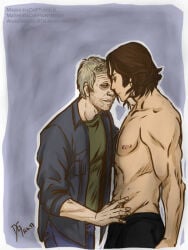 blonde_hair brunette brunette_hair clothed clothing facial_hair gay homosexual lucifer_(supernatural) no_shirt sam_winchester seductive seductive_look sensual shirtless suggestive supernatural_(series) yaoi