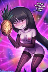 1girls blush breasts female female_only gloves hi_res looking_at_viewer lumineko nintendo nipples nude pineapple pokemon pussy sabrina_(pokemon) solo stockings teeth