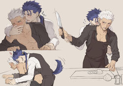 2boys anal animal_ears apron archer bent_over black_apron black_pants black_shirt black_vest blue_hair blush chest collarbone covering_mouth cu_chulainn_(fate) earrings fate/stay_night fate_(series) hand_over_another's_mouth hand_up heart highres holding holding_knife jewelry kemonomimi_mode knife long_hair long_sleeves male_focus mondi_hl multiple_boys one_eye_closed onion open_mouth pants ponytail sex shirt tail translation_request vest white_hair white_shirt wolf_ears wolf_tail yaoi