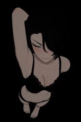 1girl _yumidreams ai_generated arm_up armpits artist_name barefoot black_background black_bra black_hair black_nails black_panties blush bra breasts cinder_fall cleavage closed_eyes closed_mouth collarbone dark from_above full_body hair_over_one_eye medium_breasts nail_polish navel pale_skin panties rwby shadow short_hair simple_background smile solo standing toenail_polish toenails underwear underwear_only