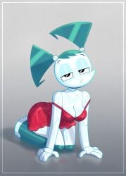 1girls 2026 2d anthro bedroom_eyes blue_hair breasts cleavage dress female female_only hair jenny_wakeman looking_at_viewer my_life_as_a_teenage_robot nickelodeon on_knees red_dress robot robot_anthro robot_girl seductive solo somescrub sundress white_body