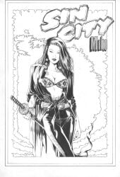 1girls 2007 asian asian_female big_breasts black_hair bra breasts female michael_bair miho_(sin_city) sin_city solo sword traditional_media_(artwork)