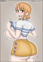 1girls 2d ass ass_focus back_view big_ass big_breasts blushing blushing_at_viewer blushing_female female female_focus female_only lifting_shirt looking_at_viewer looking_back miniskirt nami_(classic) nami_(one_piece) nipples one_piece orange_eyes orange_hair orange_miniskirt shirt shirt_lift shounen_jump showing_breasts simple_background simple_coloring simple_shading skirt smile smiling_at_viewer thick thick_ass thick_legs thick_thighs wide_hips