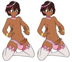 1boy ajna_(indivisible) black_eyes brown_glans brown_hair brown_nipples choker dark-skinned_male dark_skin gay gay_male genderswap_(ftm) indivisible male male_only nipples panties pink_choker pink_panties pink_underwear rule_63 thigh_highs tie twink unknown_artist white_thighhighs yaoi