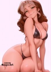1girl ai_generated artist_name bare_shoulders bikini black_bikini breasts brown_hair cleavage green_eyes lips long_hair looking_at_viewer marvel marvel_rivals medium_breasts multicolored_hair nuageeart o-ring rogue_(marvel_rivals) rogue_(x-men) sensitive simple_background sitting smile solo swimsuit thick_thighs thighs two-tone_hair white_background white_hair x-men