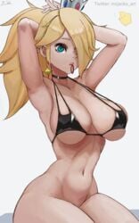 1girls 1other big_ass big_breasts bikini bikini_top black_bikini blonde_hair blue_eyes bottomless breasts choker cleavage female female_focus hair_over_one_eye huge_breasts looking_at_viewer luma mario_(series) mouth_hold mrjacks_art nintendo ponytail princess_rosalina simple_background sitting solo_focus thick thick_thighs thighs tying_hair underwear