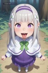 1girl ahegao_face ai_assisted ai_generated anime_coloring anime_screencap blunt detailed_face forest full_body green_bow grey_hair hair_flower hairband high_angle huge_eyes knee_boots long_hair long_sleeves looking_at_viewer naked outdoors petite_breasts pointy_ears purple_dress purple_eyes rezero small_breasts smile solo source_anime standing very_long_hair visible_breasts visible_nipples white_capelet white_footwear