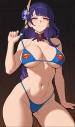 1female 1girl 1girls ai_assisted ai_generated bikini bikini_bottom bikini_only bikini_pull bikini_top crossover_cosplay dc dc_comics genshin_impact hair hair_ornament purple_eyes purple_hair raiden_shogun solo solo_female solo_focus superman_(cosplay) superman_(series) superman_logo