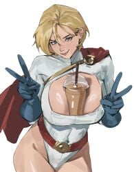 between_breasts blonde_hair blue_eyes blue_gloves breast_hold breasts cleavage cleavage_cutout cup_between_breasts dc_comics enargeia female female_only gloves hips large_breasts lips power_girl short_hair smile thighs