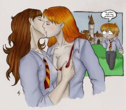 1boy 2010 2girls bra breast_grab breasts brown_hair cleavage duo_focus female female_focus ginny_weasley harry_potter hermione_granger kissing lesbian red_hair ron_weasley saintes