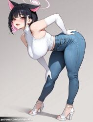 1girl ai_generated alternate_costume animal_ears arlequin097 armpit_crease ass bare_shoulders bent_over black_hair blue_archive blue_pants blush breasts cat_ears colored_inner_hair denim elbow_gloves extra_ears full_body gloves grey_background hair_ornament hairclip halo hand_on_own_ass hanging_breasts high_heels jeans kazusa_(blue_archive) large_breasts legs looking_at_viewer multicolored_hair open_mouth pants pink_hair pink_halo red_eyes sandals shirt short_hair simple_background sleeveless sleeveless_shirt smile solo standing strappy_heels thighs toeless_footwear toenails toes turtleneck two-tone_hair upper_teeth_only white_footwear white_gloves white_shirt