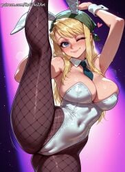 1girl 2026 ai_generated animal_ears anime armpits arms_up bandana bangs bare_shoulders blonde_hair blue_eyes blush boobs breasts cameltoe cat_ears cleavage covered_navel crossover detached_collar eye_contact fake_animal_ears female female_focus fishnet_pantyhose fishnets flushed fullmetal_alchemist fullmetal_alchemist_brotherhood heart highres huge_breasts large_breasts leg_up leotard long_hair looking_at_viewer necktie nsfw one_eye_closed pantyhose patreon playboy_bunny rabbit_ears rognezart smile smiling solo split standing standing_on_one_leg standing_split stockings strapless sweat sweaty very_long_hair winry_rockbell wrist_cuffs
