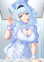 alternate_costume boob_window breast_window clothed_female commission commission_art halo headset looking_at_viewer lucid_multimedia mechanical_halo nurse nurse_hat nurse_uniform pov prism_project rita_kamishiro smile smiling smiling_at_viewer syringe virtual_youtuber vtuber vtuberfanart white_hair ych ych_commission ych_result
