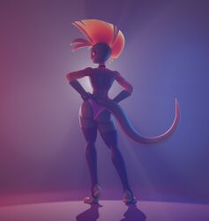 2024 3d anthro armwear ash_(g-h-) backview gecko legwear looking_at_viewer looking_back_at_viewer mohawk_(hairstyle) original_character panties phosphoruscrow pink_panties smiling_at_viewer solo_male tail underwear valorlynz_(modeler)
