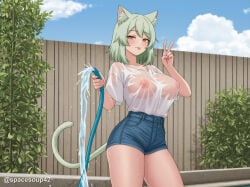 1girl :p ai_generated animal_ear_fluff animal_ears blue_shorts blue_sky blush breasts brown_eyes cat_ears cat_girl cat_tail cloud cowboy_shot day denim denim_shorts fence green_hair holding holding_hose hose large_breasts looking_at_viewer medium_hair nipples no_bra outdoors see-through shirt shirt_tucked_in short_hair short_shorts short_sleeves shorts sky smile solo tail thighs tongue tongue_out twitter_username v water wet wet_clothes wet_shirt white_shirt yani_neko yani_neko_(yani_neko) yaniko_satou