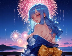 1girl 1girls aerial_fireworks ai_generated back balecxi bare_shoulders blue_eyes blue_hair blue_kimono blush breasts clothing curvaceous curvaceous_female curvaceous_figure curvy curvy_figure fairy_tail female female_focus fireworks floral_print from_behind half-closed_eyes japanese_clothes juvia_lockser kimono large_breasts long_hair looking_at_viewer looking_back mountainous_horizon night night_sky obi off_shoulder outdoors parted_lips print_kimono robe sash sideboob sky smile solo star_(sky) teeth traditional_clothes upper_body virtual_youtuber voluptuous voluptuous_female wafuku yellow_bow yellow_sash yukata