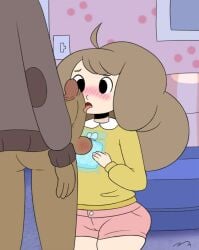1boy 1girls 2d 2d_(artwork) balls bed bedroom bedroom_sex bee_(bee_and_puppycat) bee_and_puppycat big_balls big_penis blush blushing bottomless bottomless_male brown_hair brown_hair_female clothed clothed_female clothed_male clothing dark-skinned_male dark_skin deckard_wizard fully_clothed fully_clothed_female icepack jacket jacket_only licking licking_penis long_hair long_hair_female on_knees penis penis_on_face sandyrex
