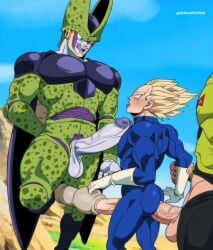 3boys anal_penetration anal_sex android_16 bara burankoprn cell_(dragon_ball) dragon_ball_z huge_cock insect_humanoid multiple_boys super_saiyan tail_sex vegeta yaoi