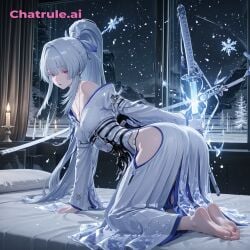 1girl ai_assisted ai_generated all_fours anime_screenshot aura barefoot candle_light candles covered_erect_nipples crystal dark_room grey_hair half_closed_eyes high_ponytail highres holding_sword hotel_room ice katana leotard long_hair looking_at_viewer looking_back_at_viewer night on_all_fours on_bed parted_lips red_eyes shy small_ass small_breasts snow snowflakes soles solo sword unsheathing viewed_from_behind window wuthering_waves