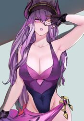 1girls armpits big_breasts cleavage female female_only fingerless_gloves league_of_legends long_hair one-piece_swimsuit one_eye_covered pd pool_party_series pool_party_syndra purple_eyes purple_hair purple_lipstick solo swimsuit syndra