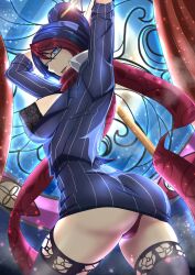 academy_series ass blue_hair clothing fiora_laurent fully_clothed glasses headmistress_fiora league_of_legends red_hair red_panties tagme torahime two_tone_hair