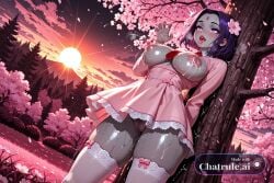1girl ai_assisted ai_generated attractive_woman big_areola blush claw_pose contrapposto cowboy_shot curvy day dc_comics erect_nipples excited flat_stomach forehead_jewel forest front_view full_body grey_skin hard_nipples heavy_breathing legs_apart long_nipples oiled_body open_mouth pawg pheromones purple_eyes purple_hair pussy pussy_juice_leaking rachel_roth red_necktie saliva_on_tongue solo standing
