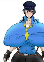 big_breasts blue_hair hat oppaotintin persona persona_4 shirogane_naoto sweatdrop textless tie white_background