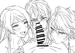 4boys anonymous_male blushing censor_bar censored character_request earrings erection gay imminent_oral kaida_haru long_hair looking_at_viewer male male_only monochrome nagao_kei nijisanji nude open_mouth penis tongue tongue_out virtual_youtuber yaoi