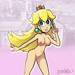 1girls blonde_hair blue_eyes breasts castle_background ear_piercing female light-skinned_female light_skin lipstick long_hair mario_(series) naked nintendo nipples nude peace_sign princess_peach pussy solo super_mario_bros. tiara v vagina zer0v0lt