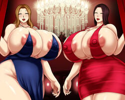 2girls 5:4_aspect_ratio areola_slip areolae black_hair breasts breasts_bigger_than_head cleavage dress female huge_areolae huge_breasts kurarensuu large_breasts long_hair milf multiple_girls nail_polish nightdress nipple_bulge nipples smile