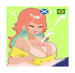 1girls areolae closed_eyes cum cumshot ejaculation ejaculation_between_breasts hikuri_miku hololive hololive_english hololive_myth long_hair nipples open_mouth orange_hair paizuri paizuri_under_clothes penis penis_between_breasts pixel_art takanashi_kiara tan-skinned_female tan_skin tanline tanlines tanned_skin unseen_male_face virtual_youtuber vtuber